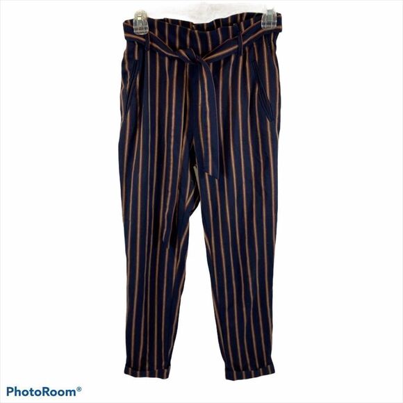 Zara Striped Navy Paper Bag Trousers with Belt XS - Picture 7 of 15